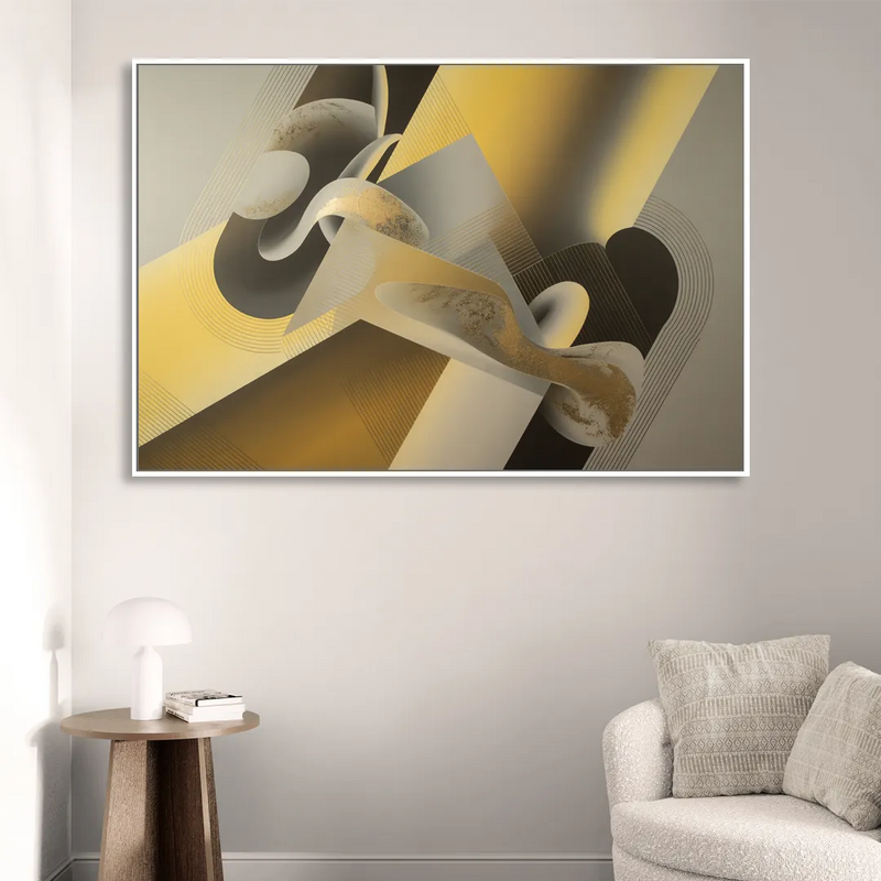 Opulent Geometrics Yellow and Grey Abstract Sitting Room - White Canvas Wall Art