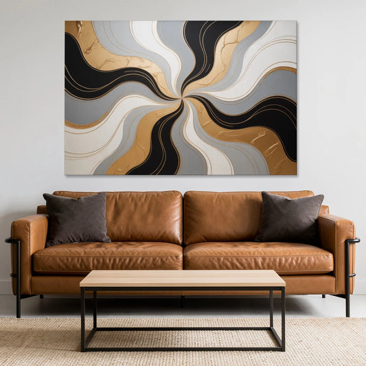 Opulent Geometry Black White and Gold Abstract - Canvas Wall Art - Sofa - 60x40