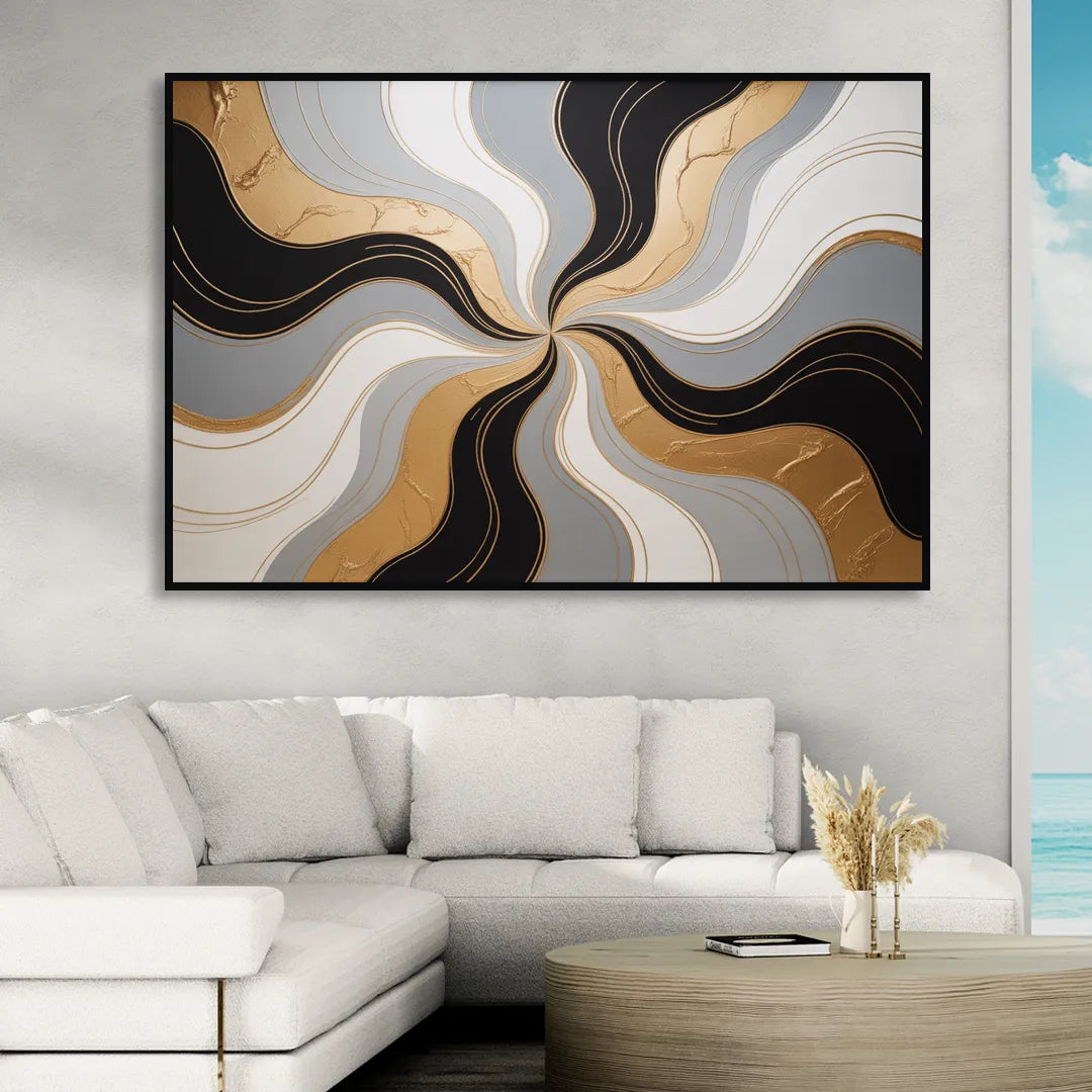 Opulent Geometry Black White and Gold Abstract Sitting Room - Black Canvas Wall Art