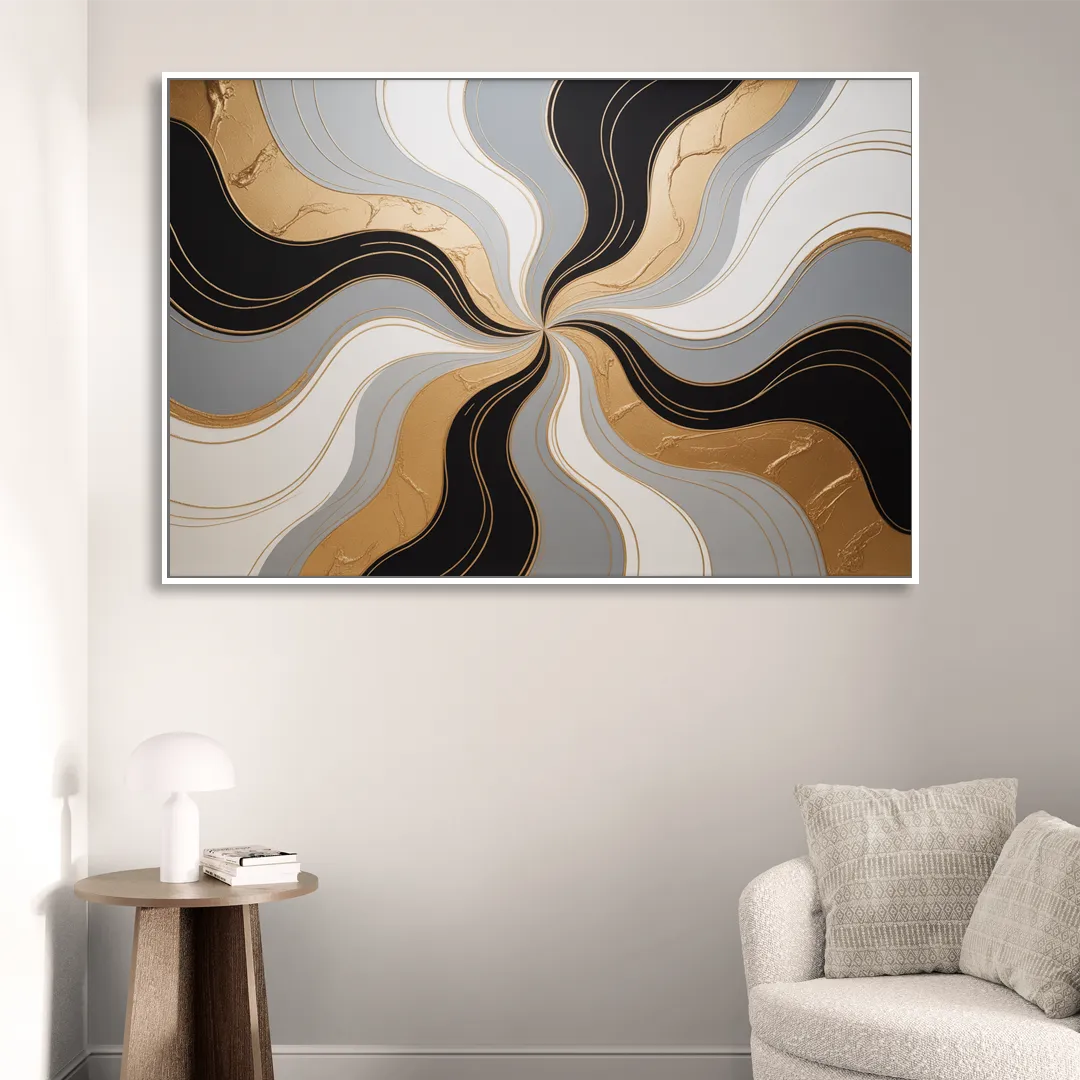 Opulent Geometry Black White and Gold Abstract Living Room - White Canvas Wall Art