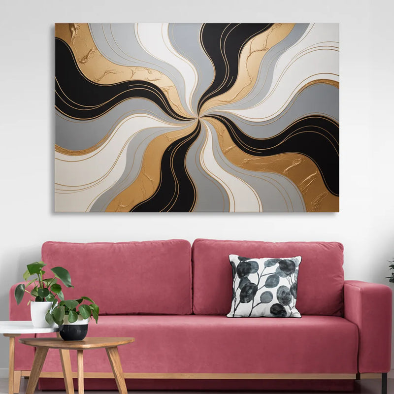 Opulent Geometry Black White and Gold Abstract Sitting Room - Canvas Wall Art