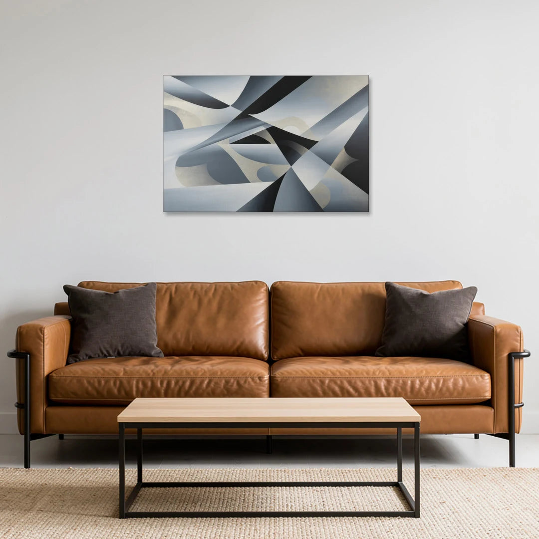 Opulent Geometry Grey and Silver Abstract - Canvas Wall Art - Sofa - 36x24
