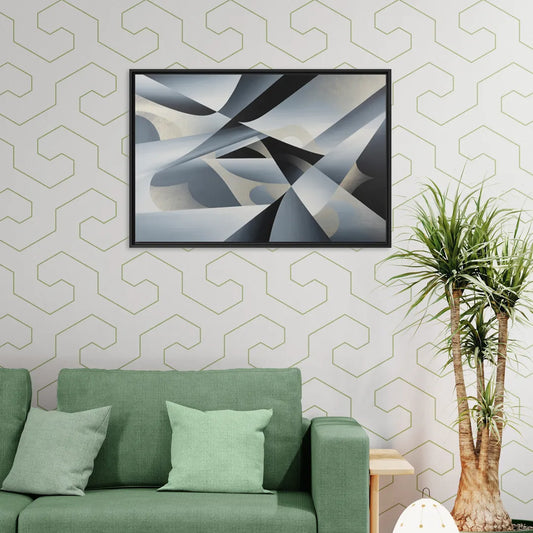 Opulent Geometry Grey and Silver Abstract - Living Room Black Frame Canvas