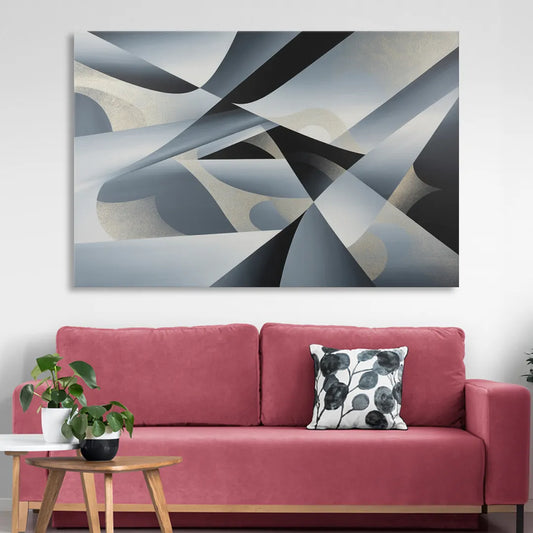 Opulent Geometry Grey and Silver Abstract Living Room - Canvas Wall Art