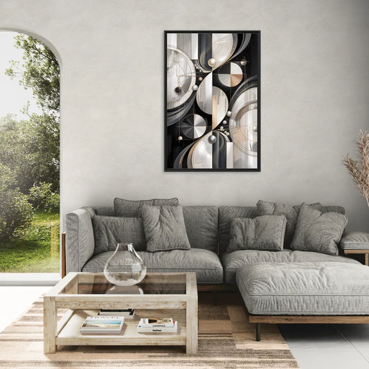 Opulent Geometry Grey and White Abstract - Living Room Black Frame Canvas