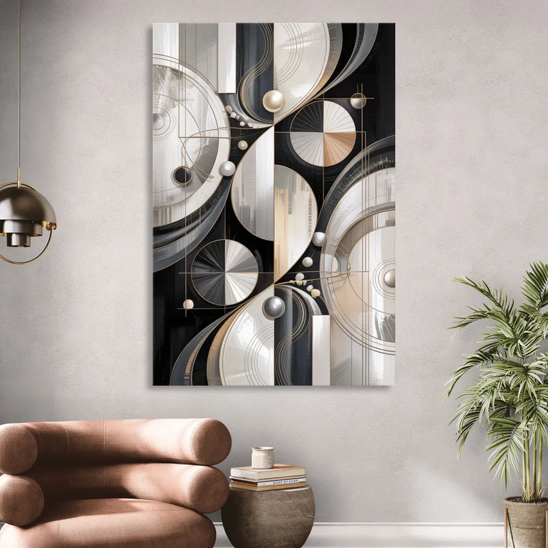 Opulent Geometry Grey and White Abstract Sitting Room - Canvas Wall Art