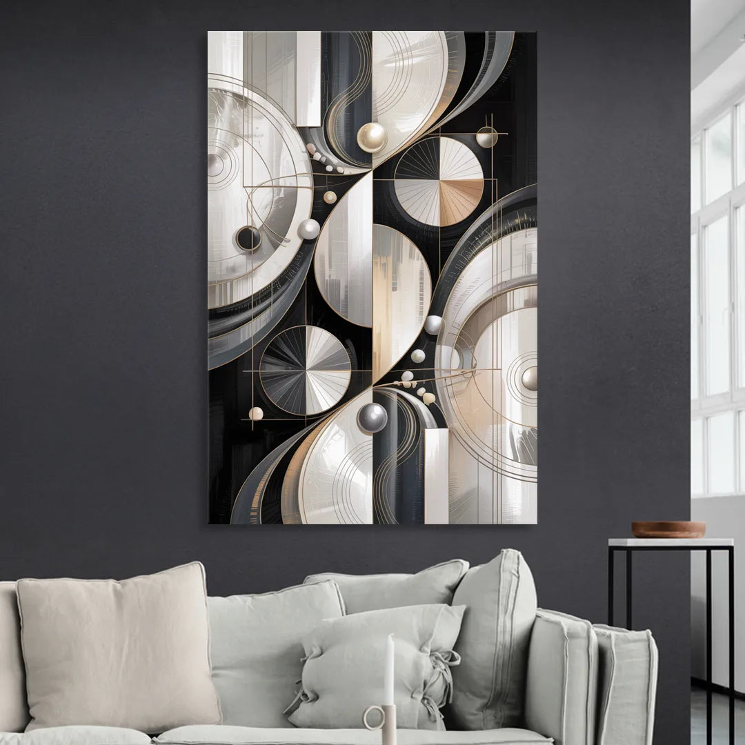 Opulent Geometry Grey and White Abstract Living Room - Canvas Wall Art