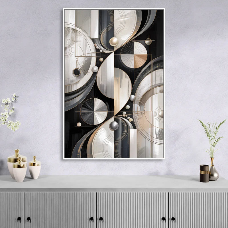 Opulent Geometry Grey and White Abstract Living Room - White Canvas Wall Art