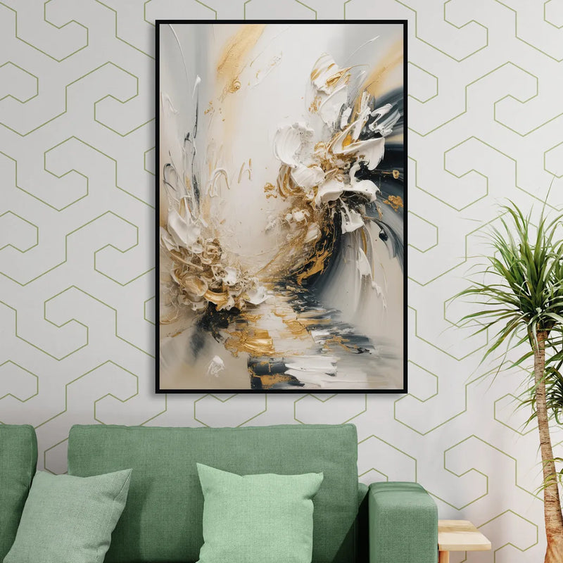 Opulent Gestures White and Gold Living Room - Black Canvas Wall Art