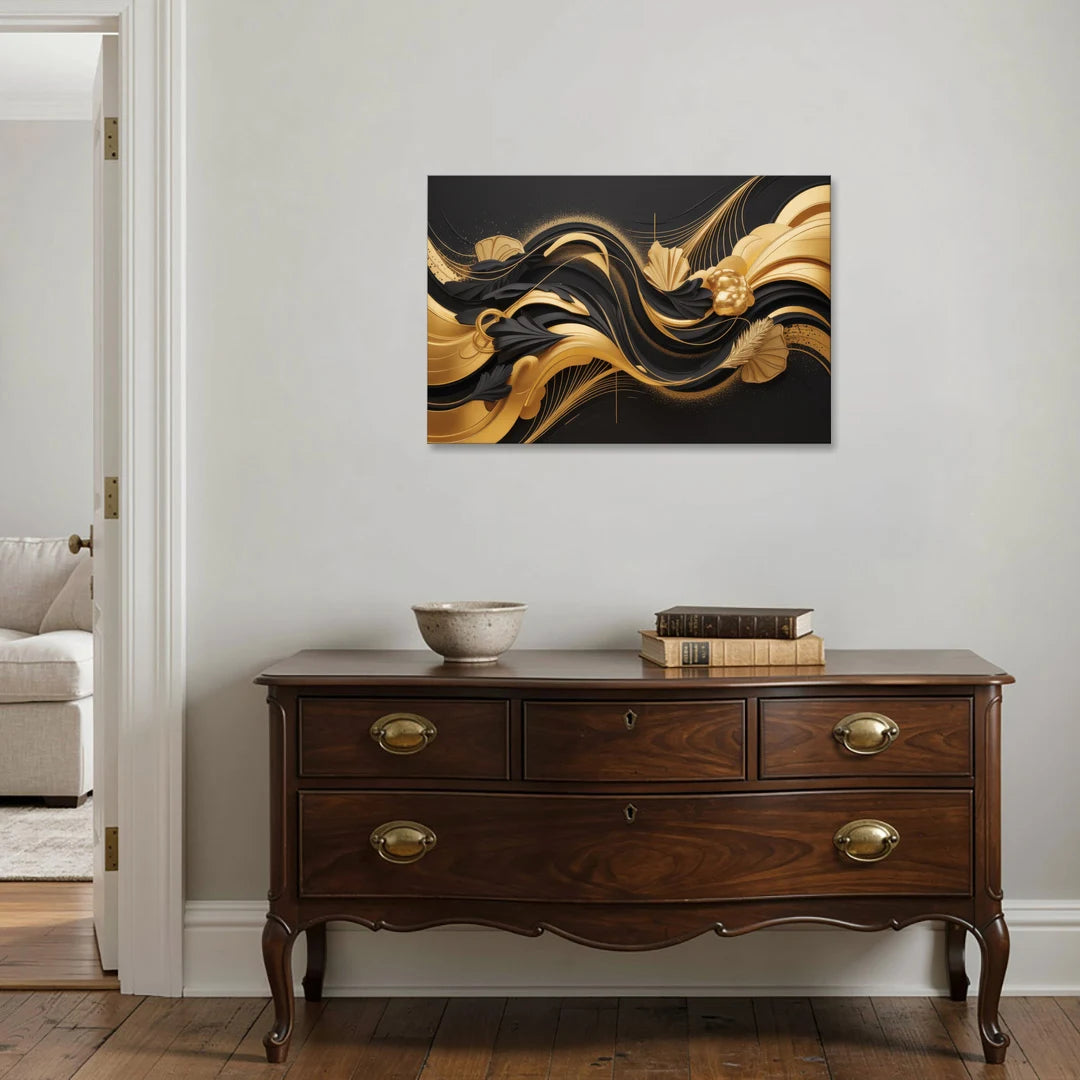 Opulent Harmony Black and Gold Abstract - Canvas Wall Art - Coffee Table - 36x24