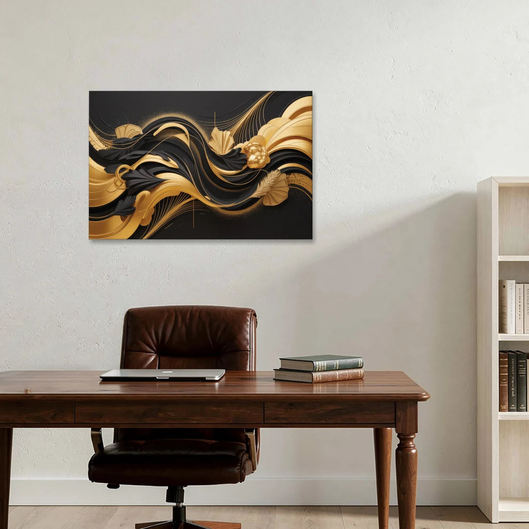 Opulent Harmony Black and Gold Abstract - Canvas Wall Art - Office - 36x24