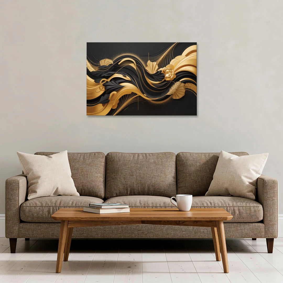 Opulent Harmony Black and Gold Abstract - Canvas Wall Art - Sofa - 36x24