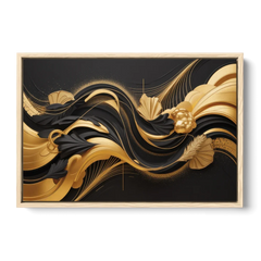 Opulent Harmony Black and Gold Abstract - Oak Framed Canvas Wall Art - Front