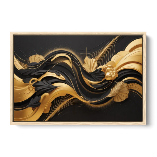 Opulent Harmony Black and Gold Abstract - Oak Framed Canvas Wall Art - Front