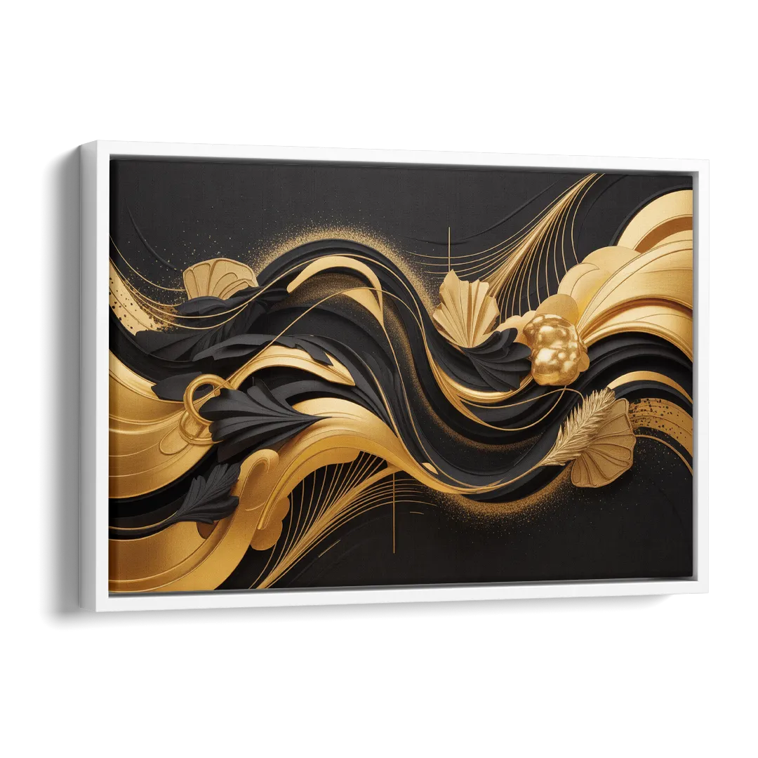 Opulent Harmony Black and Gold Abstract Side - White Canvas Wall Art