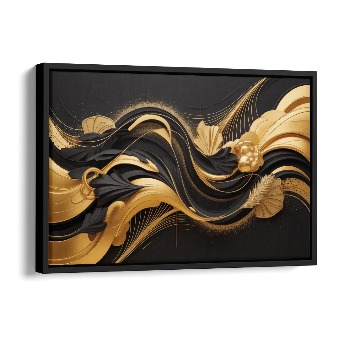 Opulent Harmony Black and Gold Abstract Side - Black Canvas Wall Art