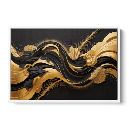 Opulent Harmony Black and Gold Abstract - White Frame Canvas