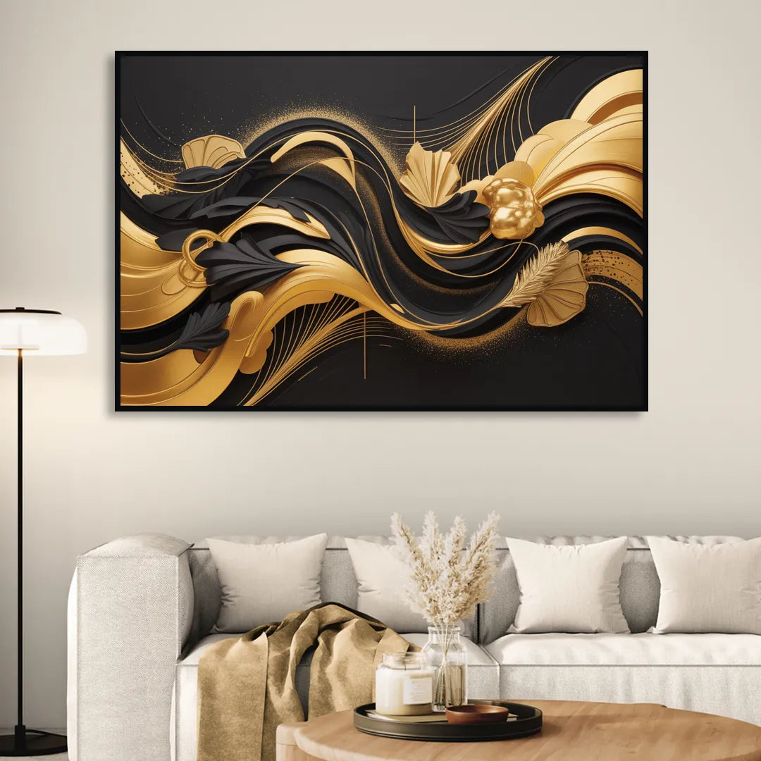 Opulent Harmony Black and Gold Abstract Living Room - Black Canvas Wall Art