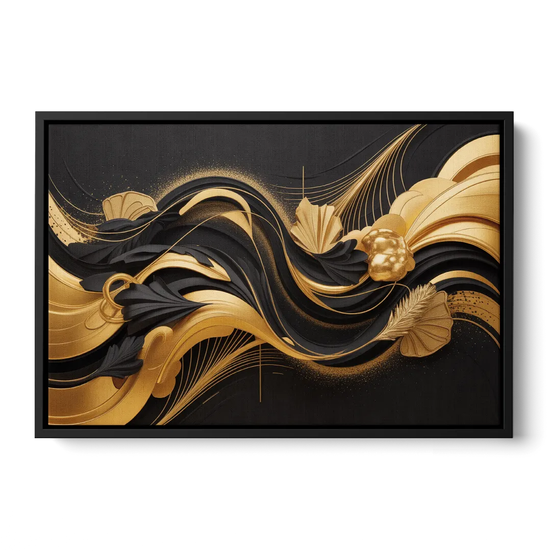 Opulent Harmony Black and Gold Abstract Front - Black Canvas Wall Art