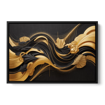 Opulent Harmony Black and Gold Abstract Front - Black Canvas Wall Art