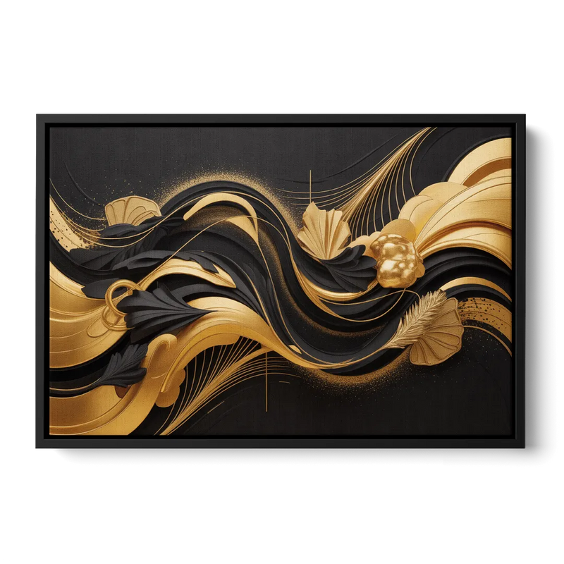Opulent Harmony Black and Gold Abstract Front - Black Canvas Wall Art