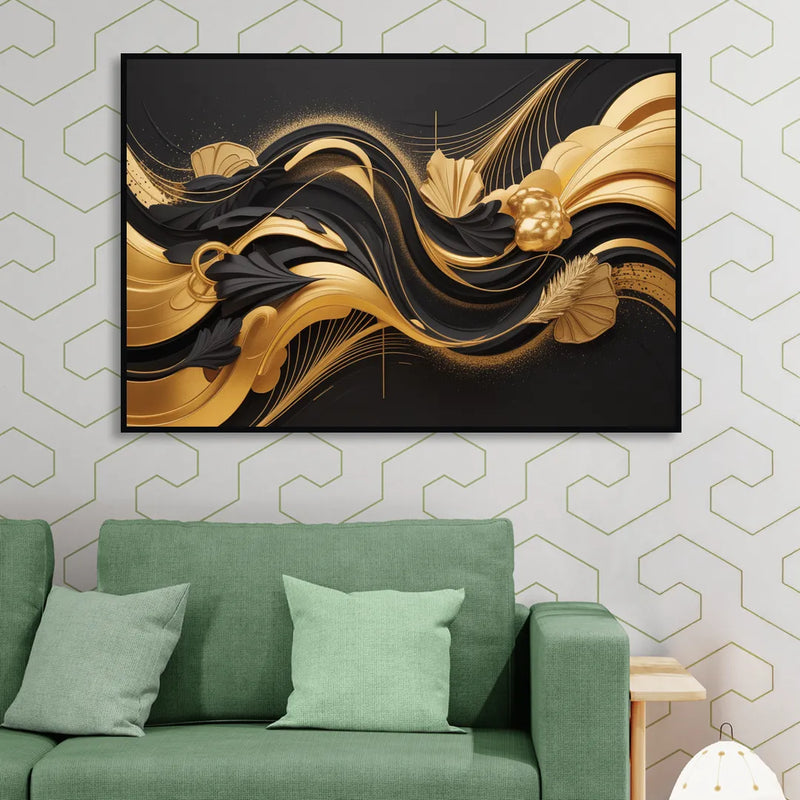 Opulent Harmony Black and Gold Abstract Sitting Room - Black Canvas Wall Art