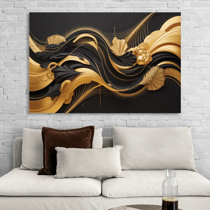 Opulent Harmony Black and Gold Abstract Living Room - Canvas Wall Art
