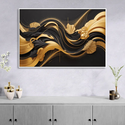 Opulent Harmony Black and Gold Abstract Living Room - White Canvas Wall Art