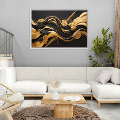Opulent Harmony Black and Gold Abstract - Living Room White Frame Canvas