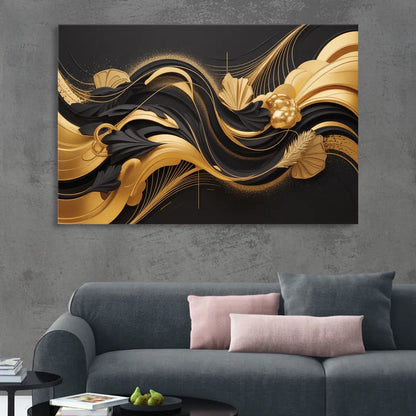 Opulent Harmony Black and Gold Abstract Sitting Room - Canvas Wall Art