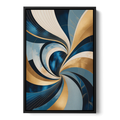 Opulent Harmony Blue and Gold Abstract - Black Framed Canvas Wall Art - Front