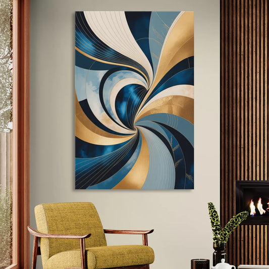 Opulent Harmony Blue and Gold Abstract Living Room - Canvas Wall Art