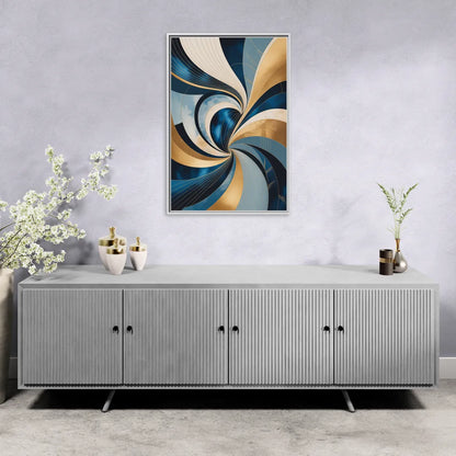 Opulent Harmony Blue and Gold Abstract - Living Room White Frame Canvas