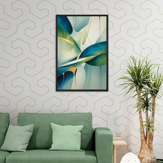 Opulent Harmony Blue and Green Abstract - Living Room Black Frame Canvas