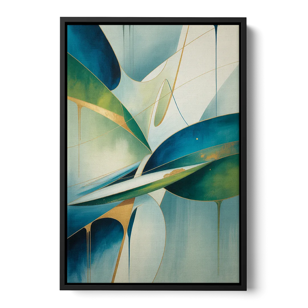 Opulent Harmony Blue and Green Abstract Front - Black Canvas Wall Art