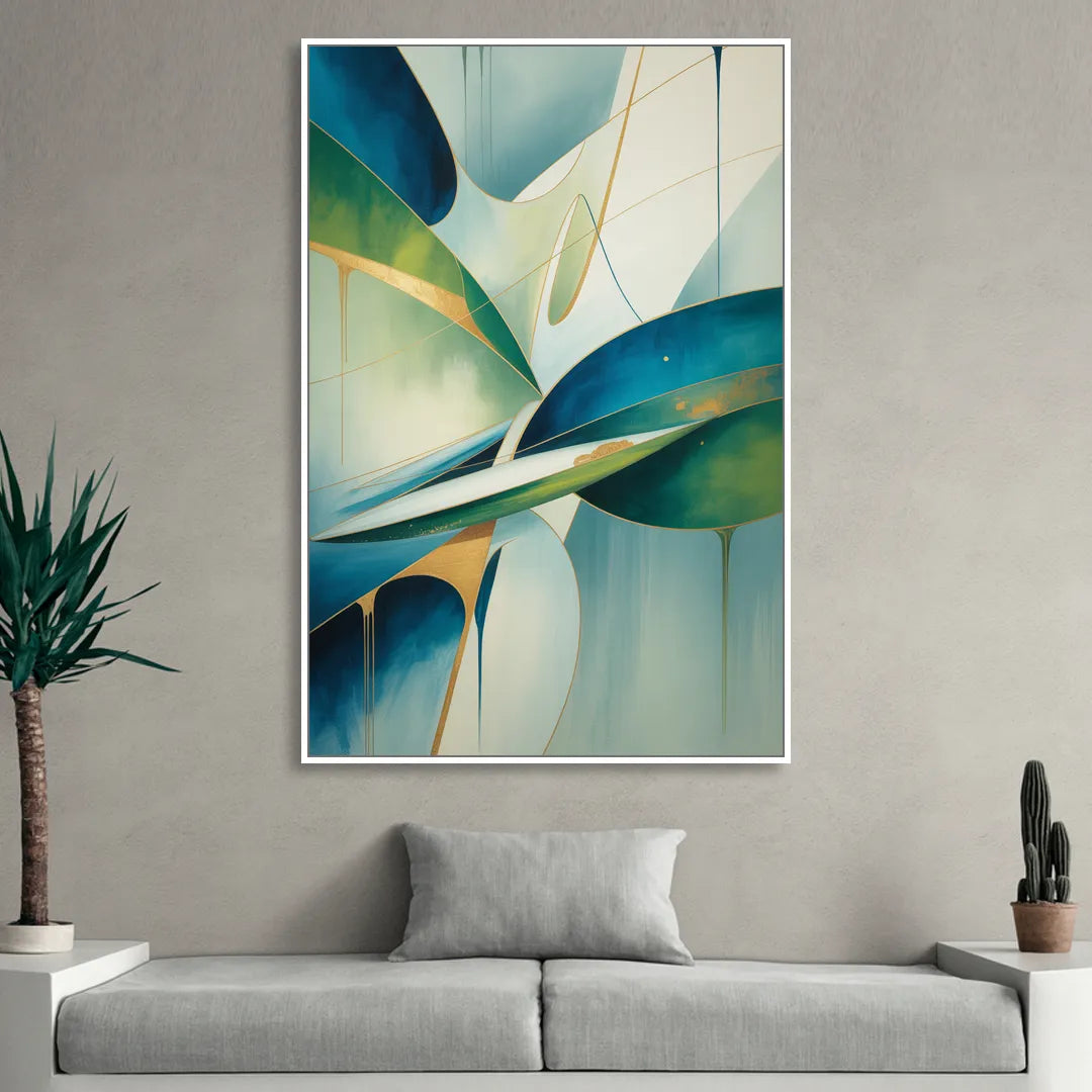 Opulent Harmony Blue and Green Abstract Living Room - White Canvas Wall Art