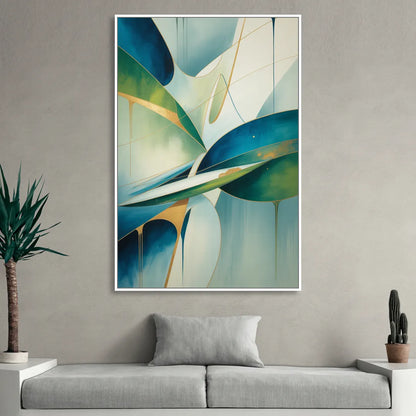 Opulent Harmony Blue and Green Abstract Living Room - White Canvas Wall Art