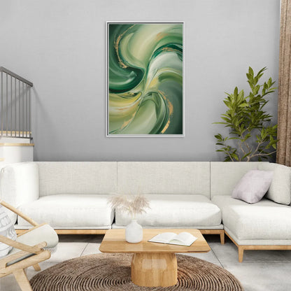 Opulent Harmony Green Abstract - Living Room White Frame Canvas