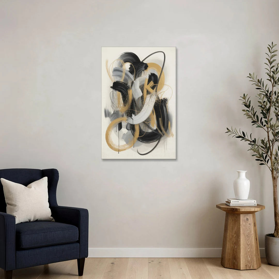Opulent Movement Black White and Gold Abstract - Canvas Wall Art - Sofa - 24x36