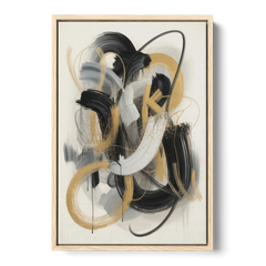 Opulent Movement Black White and Gold Abstract - Oak Framed Canvas Wall Art - Front