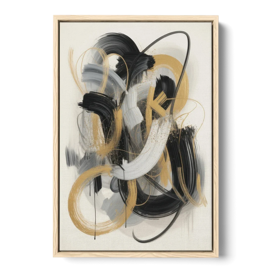 Opulent Movement Black White and Gold Abstract - Oak Framed Canvas Wall Art - Front