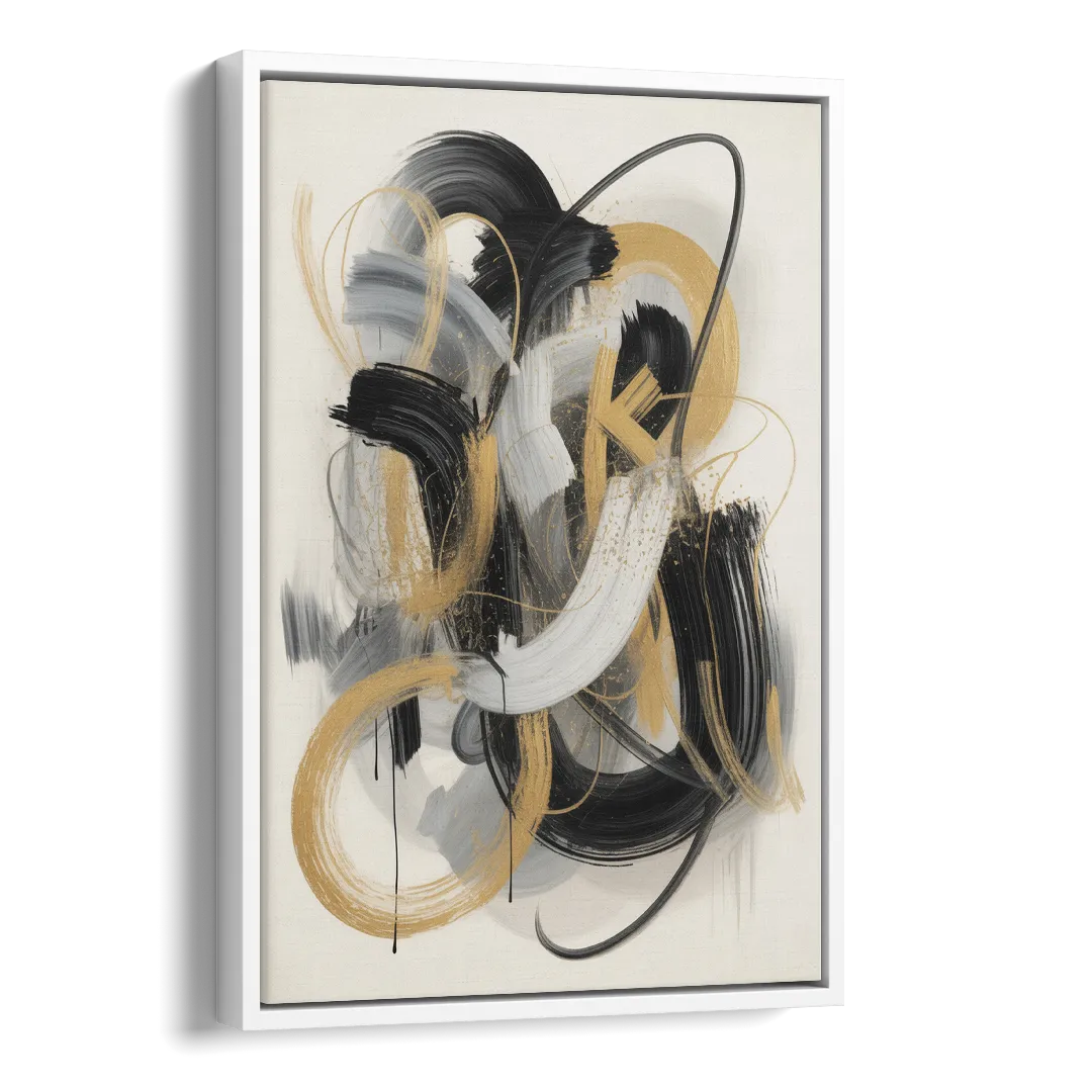 Opulent Movement Black White and Gold Abstract Side - White Canvas Wall Art