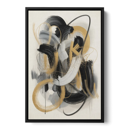 Opulent Movement Black White and Gold Abstract - Black Frame Canvas