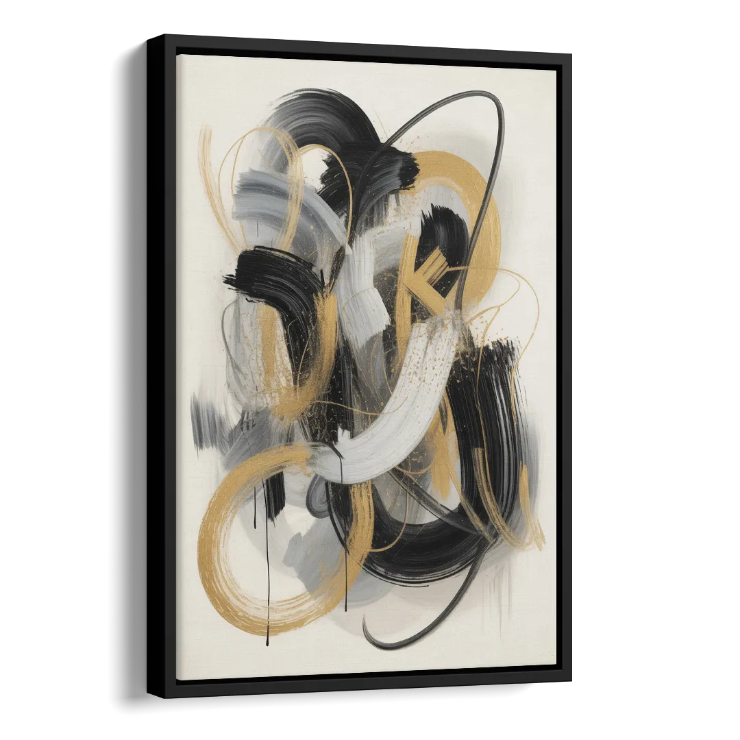 Opulent Movement Black White and Gold Abstract Side - Black Canvas Wall Art