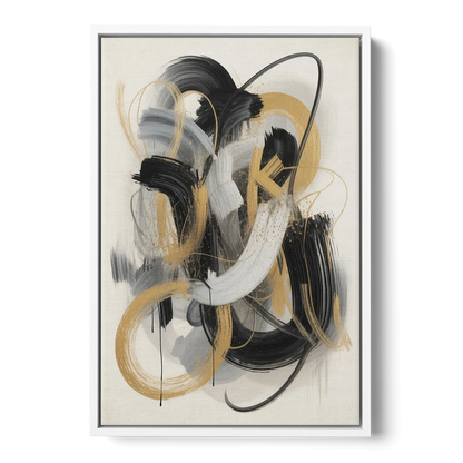 Opulent Movement Black White and Gold Abstract - White Frame Canvas