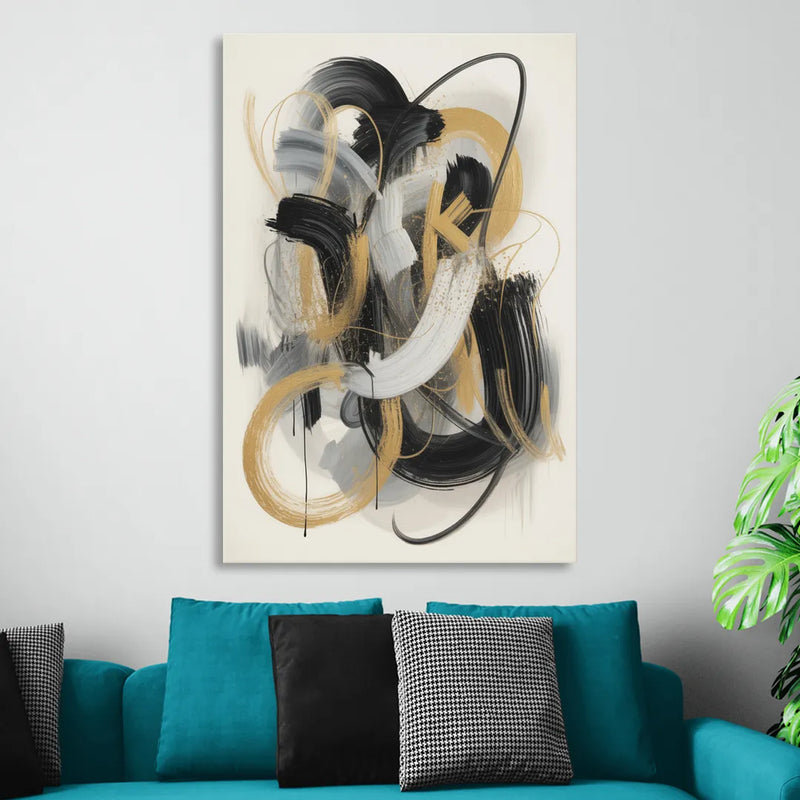 Opulent Movement Black White and Gold Abstract Living Room - Canvas Wall Art
