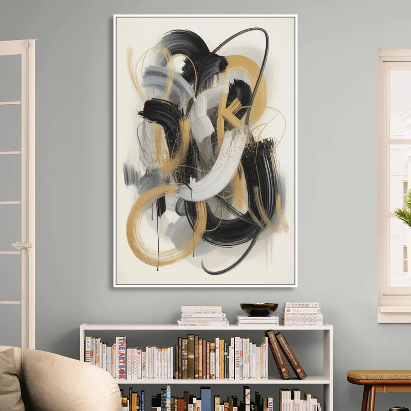 Opulent Movement Black White and Gold Abstract Living Room - White Canvas Wall Art