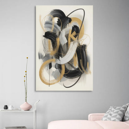 Opulent Movement Black White and Gold Abstract Sitting Room - Canvas Wall Art