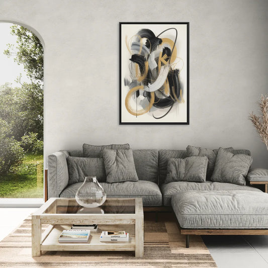 Opulent Movement Black White and Gold Abstract - Living Room Black Frame Canvas
