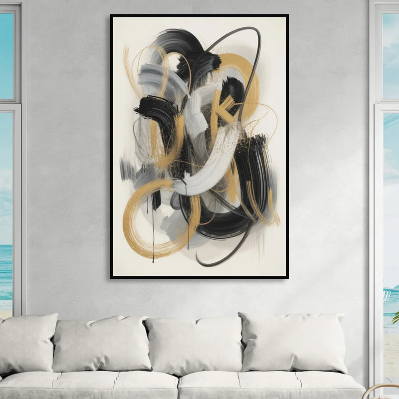 Opulent Movement Black White and Gold Abstract Sitting Room - Black Canvas Wall Art